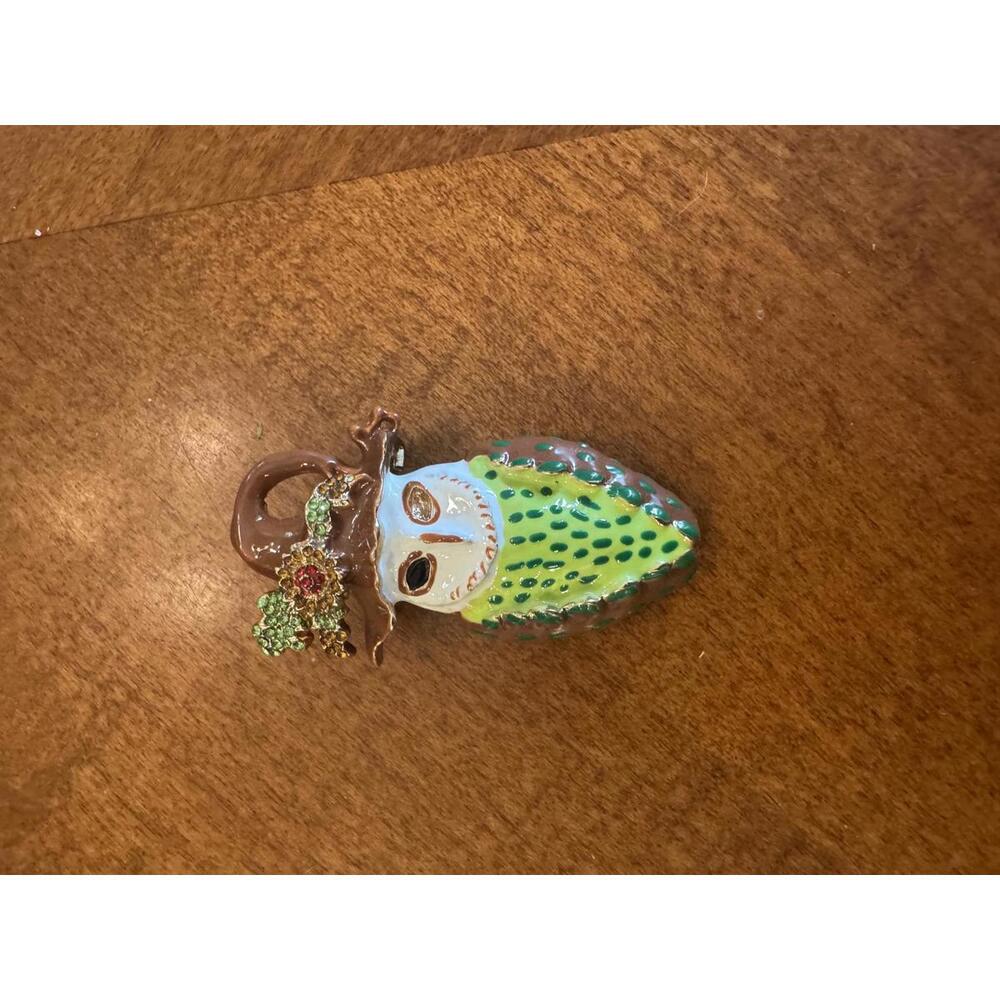 Vintage Owl Scarecrow Brooch with Decorative Hat and Green Accents